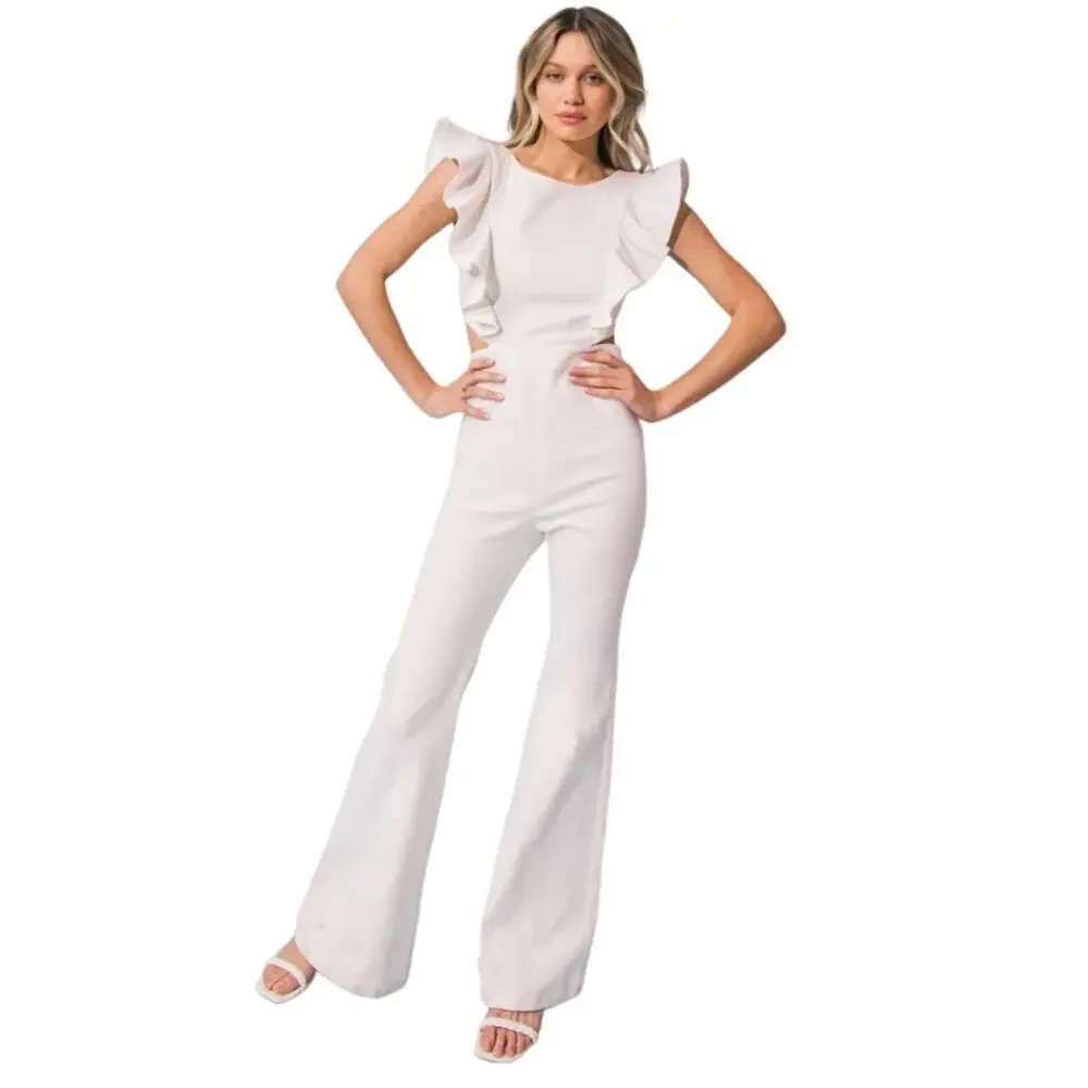 FLYING TOMATO Beautiful Mistakes Denim Jumpsuit White Stretch Ruffle Zip M NEW